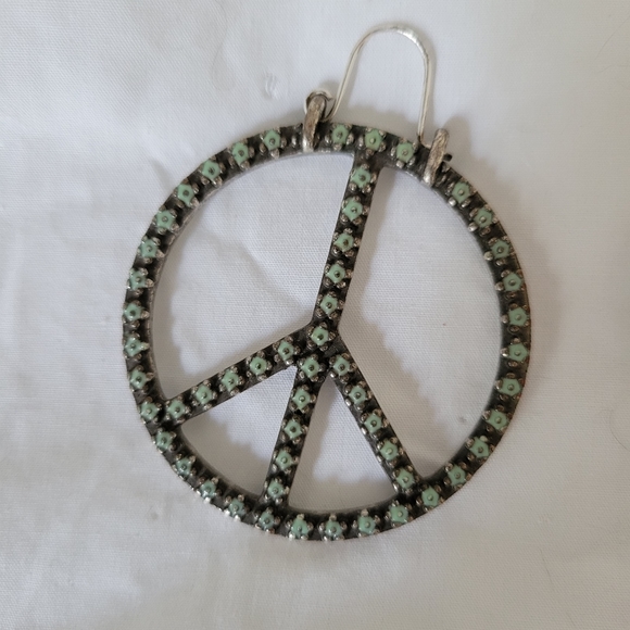 Vintage Lucky Brand Boho silver tone faux turquoise enamel peace sign earrings - Picture 3 of 5